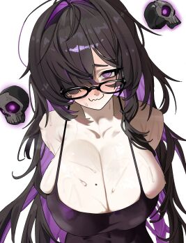 1girl @_@ bags_under_eyes black-framed_eyewear black_dress breasts cleavage colored_inner_hair dress glasses goddess_of_victory:_nikke hashtag-only_commentary highres kasawoooo label_(nikke) large_breasts long_hair mole mole_on_breast multicolored_hair nervous_smile skull smile solo sweat taut_clothes taut_dress upper_body white_background