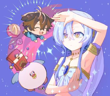 1boy 1girl :d ^_^ arm_up armpits bare_shoulders black_shorts blue_jacket brown_hair character_request chibi chibi_inset closed_eyes collarbone commentary cropped_shirt double-parted_bangs fake_tail flat_chest fox_tail full_body gashapon gold_trim gradient_eyes hair_between_eyes hand_up highres jacket kc105 long_sidelocks megami_"isekai_tensei_nani_ni_naritai_desu_ka"_ore_"yuusha_no_rokkotsu_de" megami_(yuusha_no_rokkotsu_de) messy_hair multicolored_eyes open_mouth ore_(yuusha_no_rokkotsu_de) purple_eyes red_shoes rib shirt shoes short_hair short_hair_with_long_locks shorts sidelocks sleeveless sleeveless_shirt smile sparkle tail teeth upper_body upper_teeth_only white_hair yellow_eyes