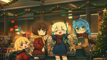 Rule 34 | 4girls, :d, absurdres, ahoge, aqua eyes, aqua nails, arm up, backpack, bag, black hairband, black skirt, black thighhighs, blonde hair, blue hair, blue jacket, blush, borrowed character, braid, brown eyes, brown hair, candy snail (porforever), carrot hair ornament, centurii-chan (character), christmas ornaments, christmas tree, closed eyes, commentary, digitan (porforever), double gyaru v, double v, electric plug, electric plug tail, english commentary, facing viewer, fang, flora (bkbbkbkk), food-themed hair ornament, gyaru v, hair between eyes, hair ornament, hairband, heart, heart tail, highres, holding, holding magazine, indoors, jacket, kuruna (pixel princess blitz), long hair, long sleeves, looking at viewer, loose socks, magazine (object), magazine rack, miniskirt, multiple girls, nail polish, night, open mouth, original, outstretched arms, plaid clothes, plaid scarf, pleated skirt, porforever, power symbol, red eyes, red jacket, red scarf, robot ears, round eyewear, scarf, short hair, shoulder bag, skirt, smile, socks, tail, thighhighs, twin braids, v, white hair, winter clothes, yellow scarf, zettai ryouiki