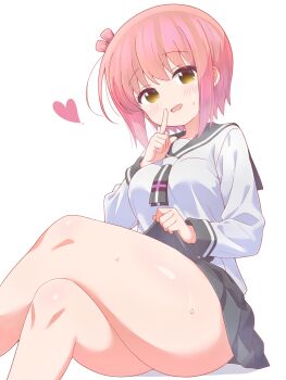 1girl ass blush breasts cartelet_cocoa clothes_lift feet_out_of_frame female_focus finger_to_mouth grey_sailor_collar hair_between_eyes heart ichinose_hana lifting_own_clothes long_sleeves looking_at_viewer medium_breasts no_nose open_mouth pink_hair sailor_collar school_uniform serafuku shirt short_hair simple_background sitting skirt skirt_lift slow_start solo sweatdrop thick_thighs thighs white_background white_shirt yellow_eyes