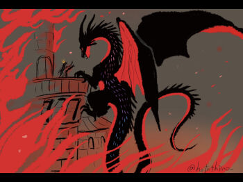 brown_background castle commentary_request crown dragon dress fire highres hotathino letterboxed long_hair looking_at_another original outdoors queen western_dragon