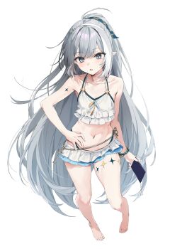 1girl absurdres barefoot bikini breasts extra_pupils female_tyrant_(stella_sora) frilled_bikini frills full_body grey_hair hairband hand_on_own_hip hashtag-only_commentary highres holding holding_phone key long_hair navel pepperdevil phone pointy_ears small_breasts solo stella_sora swimsuit tyrant_(stella_sora) white_background white_bikini white_hairband