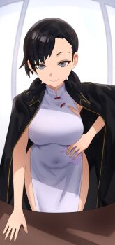 asymmetrical_bangs black_hair black_jacket breast_cutout breasts china_dress chinese_clothes covered_navel devil_survivor_(series) devil_survivor_2 dress floral_print grey_eyes hand_on_own_hip highres jacket jacket_on_shoulders kanno_fumi leaning_forward medium_breasts pelvic_curtain short_twintails side_slit sinkoart smile straight-on twintails white_dress