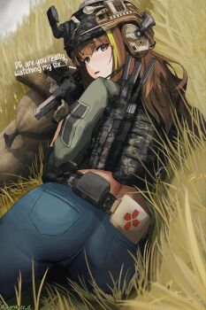 1girl alternate_costume ass ass_focus assault_rifle belt belt_pouch blue_pants brown_eyes brown_hair bulletproof_vest combat_helmet denim dgkamikaze dutch_angle ear_protection english_text from_behind girls&#039;_frontline gloves grass green_hair green_shirt gun headset helmet highres holding holding_gun holding_weapon jeans load_bearing_vest looking_at_viewer looking_back lying m4_carbine m4a1_(girls&#039;_frontline) multicolored_hair night_vision_device on_grass on_side pants pouch radio_frequency_jammer rifle sandbag shirt solo streaked_hair tactical_clothes walkie-talkie weapon
