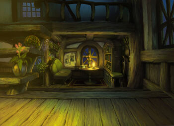 book bowl cabinet chair commentary_request couch flower indoors lantern magewappa_z no_humans original plant plate poster_(object) potted_plant purple_flower railing red_flower rug scenery table vase window wooden_floor wooden_stairs wooden_table