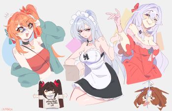 Rule 34 | 5girls, :d, alternate costume, bare arms, bare shoulders, black hair, black swan (honkai: star rail), breasts, character request, cleavage, commentary, dress, grey hair, grey jacket, guinaifen (honkai: star rail), highres, honkai: star rail, honkai (series), jacket, jacket partially removed, jingliu (honkai: star rail), large breasts, long hair, looking at viewer, multiple girls, off-shoulder dress, off shoulder, open clothes, open jacket, open mouth, orange hair, red dress, red tube top, smile, sparkle (honkai: star rail), strapless, strapless dress, tube top, umamusume, unfamousradish, very long hair, yellow eyes