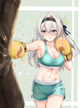 1girl :t absurdres armpits bare_shoulders black_hairband boxing_gloves breasts cleavage commentary cowboy_shot crop_top dolphin_shorts firefly_(honkai:_star_rail) gloves green_shorts green_sports_bra grey_hair hair_intakes hairband highres honkai:_star_rail honkai_(series) long_hair midriff navel purple_eyes sandbag short_shorts shorts solo sports_bra standing stomach thighs v-shaped_eyebrows xiahou_qiulan yellow_gloves