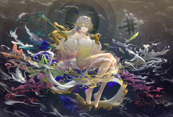 1girl absurdres arknights bare_legs bare_shoulders barefoot blonde_hair blue_hair breasts chinese_clothes cleavage closed_mouth collarbone dragon_girl dragon_horns dragon_tail dress earrings eastern_dragon_horns eastern_dragon_tail green_eyes hair_intakes hanfu highres holding horns jewelry medium_breasts multicolored_hair pointy_ears shu_(arknights) smile strapless strapless_dress tail tassel tassel_earrings thighs wangzili_shitoumen white_dress white_hair