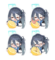 Rule 34 | &gt; &lt;, 1girl, absurdly long hair, absurdres, aris (blue archive), black hair, blue archive, blue halo, blush, closed eyes, collared shirt, food, fruit, halo, highres, hun2, jacket, lemon, long hair, long sleeves, long tongue, meme, multiple views, one side up, open clothes, open jacket, open mouth, shirt, simple background, smile, thour (meme), tongue, tongue out, very long hair, white background, white jacket, white shirt