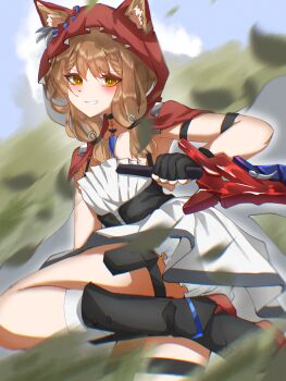 1girl absurdres animal_ear_fluff animal_ears anzsu arknights arknights:_endfield black_boots blush boots brown_eyes brown_hair cloak commentary convenient_censoring dress english_commentary film_grain grin highres holding holding_sword holding_weapon hood hood_up long_hair red_cloak rossi_(arknights) smile solo standing standing_on_one_leg sword thigh_strap weapon white_dress