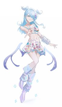 Rule 34 | 1girl, absurdres, blue eyes, blue hair, blue wings, blush, boots, breasts, detached sleeves, dragon girl, dragon tail, elira pendora, fang, guriddopitto, hair ornament, hair over one eye, head wings, highres, long hair, looking at viewer, loose footwear, medium breasts, nijisanji, nijisanji en, one eye covered, outstretched arm, print shirt, print skirt, see-through clothes, shirt, silver boots, single detached sleeve, skin fang, skirt, sleeveless, smile, solo, tail, virtual youtuber, white background, white shirt, white skirt, wings, x hair ornament