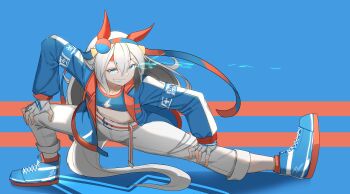 1girl absurdres animal_ears blue_eyes blue_hairband blue_jacket blue_sports_bra breasts commentary_request electricity eye_trail fingerless_gloves gloves grey_hair grey_tail grin hair_between_eyes hairband hands_on_own_knees headband highres horse_ears horse_girl horse_tail jacket janome_de_omukae light_trail lightning_bolt_print lightning_bolt_symbol long_hair long_sleeves midriff multicolored_hairband open_mouth pants red_headband small_breasts smile sports_bra stretching striped_clothes striped_hairband tail tamamo_cross_(fast_as_lightning)_(umamusume) tamamo_cross_(umamusume) teeth two-tone_hairband umamusume very_long_hair white_pants