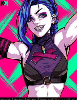 1girl absurdres arcane:_league_of_legends arcane_jinx armpits artist_name asymmetrical_bangs blue_hair braces braid breasts bullet_necklace crop_top ear_piercing earrings freckles green_background grin highres jewelry jinx_(league_of_legends) koiarts league_of_legends long_hair looking_at_viewer medium_breasts multicolored_background pale_skin piercing pink_background smile solo stomach teeth twin_braids