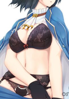 Rule 34 | 1girl, arm across waist, arm support, black bra, black gloves, black hair, black panties, black thighhighs, blue jacket, blush, bra, breasts, buttons, cleavage, female focus, garter straps, gloves, jacket, jacket on shoulders, kantai collection, large breasts, lingerie, looking away, military, military uniform, miniskirt, navel, neckerchief, osterei, panties, parted lips, ribbon-trimmed bra, ribbon-trimmed underwear, ribbon trim, short hair, skirt, solo, stomach, takao (kancolle), thighhighs, underwear, undressing