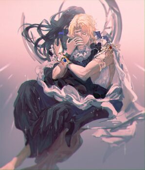 1boy 1girl armlet baggy_pants bangle bare_shoulders barefoot black_boots black_dress black_hair black_pants blonde_hair blue_gem boots bracelet bracer cape chinese_commentary circlet closed_eyes closed_mouth couple crescent curtained_hair detached_sleeves dress facing_away feet_out_of_frame frilled_sleeves frills full_body gem gradient_background grey_background halter_dress halterneck heroine_(lovebrush_chronicles) hetero highres huasuo hug jewelry lars_rorschach lars_rorschach_(book_of_tales) long_hair long_sleeves lovebrush_chronicles no_shirt orange_background pants parted_bangs red_gemstone shoe_soles short_hair sitting sitting_on_lap sitting_on_person sleeveless sleeveless_dress white_cape