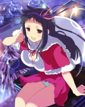 Rule 34 | 1girl, :d, arm support, ayame (senran kagura), bag, black hair, blush, breasts, bursting breasts, buttons, chimney, christmas, christmas lights, city lights, cleavage, fur trim, hair ribbon, holding, holding bag, house, large breasts, lens flare, light particles, long hair, looking at viewer, mantle, non-web source, official art, on roof, open mouth, outdoors, panties, pantyshot, pink skirt, red eyes, red ribbon, ribbon, santa costume, senran kagura, senran kagura new wave, shirt, sitting, skirt, smile, snow, solo, tree, underwear, white panties, white shirt, yaegashi nan