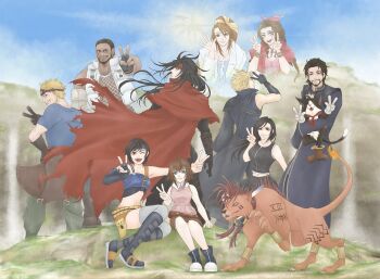 Rule 34 | 5boys, 5girls, aerith gainsborough, animal, animal earrings, apron, armor, bangle, bare shoulders, barret wallace, beard, beard stubble, black apron, black boots, black cape, black choker, black gloves, black hair, black shorts, black sleeves, black vest, blonde hair, blue coat, blue headband, blue shirt, body markings, boots, bracelet, braid, braided ponytail, breasts, brown boots, brown hair, brown skirt, cait sith (final fantasy), cape, cat, choker, cid highwind, claws, cloak, closed eyes, closed mouth, cloud strife, coat, collared shirt, commentary request, cornrows, crop top, cropped vest, crown, dark-skinned male, dark skin, dirge of cerberus: final fantasy vii, double v, dress, elbow gloves, facial hair, facial scar, feather hair ornament, feathers, final fantasy, final fantasy vii, fingerless gloves, fire, fishnet top, fishnets, flame-tipped tail, furrowed brow, gloves, goggles, goggles on head, green eyes, green pants, grey thighhighs, hair between eyes, hair ornament, hair ribbon, hand on own hip, headband, highres, holding, holding animal, holding cat, jacket, jewelry, lab coat, light smile, long coat, long hair, lucrecia crescent, medium breasts, midriff, mini crown, msa mne, multiple boys, multiple girls, multiple wings, navel, one eye closed, open mouth, orange shorts, pants, parted bangs, parted lips, pauldrons, pink dress, pink ribbon, pink shirt, ponytail, red cape, red cloak, red hair, red headband, red jacket, red xiii, reeve tuesti, ribbon, ribbon choker, safer sephiroth, scar, scar on cheek, scar on face, sephiroth, shelke the transparent, shirt, short hair, shorts, shoulder armor, sidelocks, single bare shoulder, single braid, single elbow glove, single pauldron, single sleeve, sitting, skirt, smile, spiked hair, spirit, standing, stubble, tail, thighhighs, tifa lockhart, torn clothes, v, vest, vincent valentine, waist apron, waist cape, white gloves, white jacket, white vest, wings, yellow eyes, yuffie kisaragi