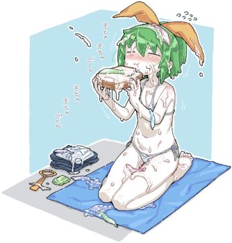 Rule 34 | 1girl, :t, bikini, blush, bow, bread, bread slice, bukkake, closed eyes, closed mouth, colored skin, condom, cookie (touhou), cum, cum on body, cum on food, cum on hair, cum on hands, cum on legs, daiyousei, diyusi (cookie), eating, facial, food, full body, green hair, hair bow, man (man-room), nose blush, seiza, short hair, sitting, solo, swimsuit, toast, touhou, unworn clothes, used condom, white bikini, white skin, yellow bow