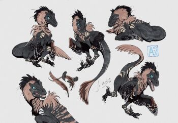 animal_focus artist_name astarcis claws closed_mouth dinosaur dynamic_pose fangs feathered_dinosaur feathers full_body multiple_views no_humans open_mouth original raptor reference_sheet sharp_teeth simple_background tail teeth utahraptor velociraptor watermark
