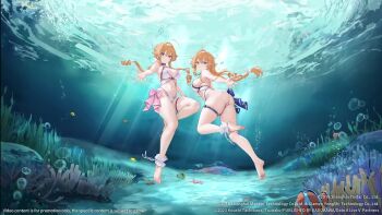 2girls ahoge air_bubble animated ass azur_lane barefoot bikini blue_eyes braid breasts bubble character_name cleavage closed_mouth clownfish curvy date_a_live english_text feet fish hair_between_eyes hair_intakes highres large_breasts lock long_hair looking_at_viewer multiple_girls navel ocean official_alternate_costume official_art orange_hair outstretched_arms promotional_art purple_eyes reaching reaching_towards_viewer siblings sideboob sisters smile soles stomach swimsuit tagme thick_thighs thigh_strap thighs twins twintails underwater very_long_hair video water white_bikini wide_hips yamai_kaguya yamai_yuzuru