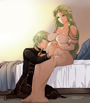 Rule 34 | 1boy, 1girl, bed, breasts, cleavage, closed mouth, collarbone, commentary, commission, couple, dress, english commentary, fire emblem, fire emblem: three houses, green eyes, green hair, hand on another's head, hetero, highres, holding hands, husband and wife, interlocked fingers, jewelry, large breasts, long hair, long sleeves, male byleth (awakened) (fire emblem), male byleth (enlightened one) (fire emblem), male byleth (fire emblem), nintendo, off-shoulder dress, off shoulder, official alternate eye color, official alternate hair color, on bed, pregnant, puffy long sleeves, puffy sleeves, rhea (fire emblem), ring, short hair, sierra117renner, sitting, smile, variant set, wedding ring, white dress