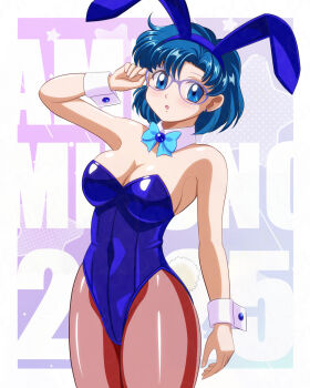 1girl :o animal_ears armpits bare_shoulders bishoujo_senshi_sailor_moon blue_bow blue_bowtie blue_eyes blue_hair blue_leotard blue_theme border bow bowtie breasts character_name cleavage collar commentary_request covered_navel cowboy_shot dated detached_collar earrings fake_animal_ears fake_tail glasses hand_up highres jewelry large_breasts leotard looking_at_viewer mizuno_ami open_mouth outside_border pantyhose parted_bangs pirochi playboy_bunny rabbit_ears rabbit_tail short_hair solo star_(symbol) strapless strapless_leotard stud_earrings tail text_background white_border white_collar wrist_cuffs