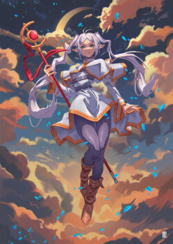 1girl artist_name boots cape cloud cloudy_sky earrings elf falling_petals floating frieren full_body green_eyes holding holding_weapon jackson_caspersz jewelry long_hair looking_down petals pointy_ears serious sky sousou_no_frieren staff sunset twintails very_long_hair weapon white_hair