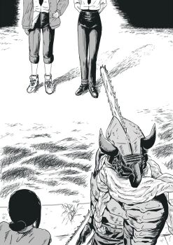 1boy black_hair black_necktie black_pants breasts business_suit chainsaw chainsaw_devil chainsaw_man collared_shirt commentary_request denji_(chainsaw_man) formal_clothes greyscale high-waist_pants highres k.rikina makima_(chainsaw_man) monochrome multiple_girls necktie office_lady open_mouth pants power_(chainsaw_man) shirt shirt_tucked_in suit yoru_(chainsaw_man)