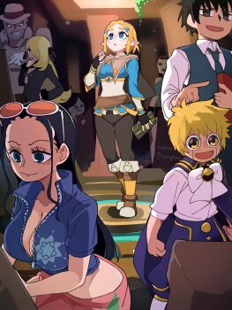 1other 3boys 4girls absurdres adventure_time archeology black_coat black_eyes black_hair blonde_hair blue_eyes blue_jacket bongftah breasts cleavage coat commentary cropped_jacket cynthia_(pokemon) gash_bell group_picture hair_over_one_eye highres jacket jojo_no_kimyou_na_bouken joseph_joestar joseph_joestar_(old) konjiki_no_gash!! lara_croft large_breasts long_hair medium_breasts multiple_boys multiple_girls nico_robin nico_robin_(return_to_sabaody) nintendo one_piece pink_sarong pokemon pokemon_dppt princess_zelda sarong simon_petrikov stardust_crusaders symbol-only_commentary takamine_kiyomaro the_legend_of_zelda the_legend_of_zelda:_tears_of_the_kingdom tomb_raider trait_connection zipper zipper_pull_tab