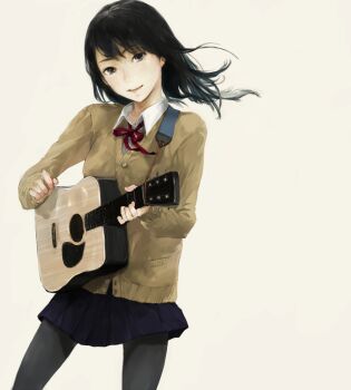 1girl acoustic_guitar black_hair black_pantyhose blue_skirt breasts brown_cardigan cardigan collared_shirt commentary_request cowboy_shot floating_hair grey_eyes guitar guitar_strap head_tilt holding holding_guitar holding_instrument holding_plectrum instrument long_hair long_sleeves looking_at_viewer miniskirt music neck_ribbon nimirom open_mouth original pantyhose playing_guitar playing_instrument pleated_skirt plectrum red_ribbon ribbon school_uniform shirt shoulder_strap simple_background skirt small_breasts solo standing teeth upper_teeth_only white_background white_shirt