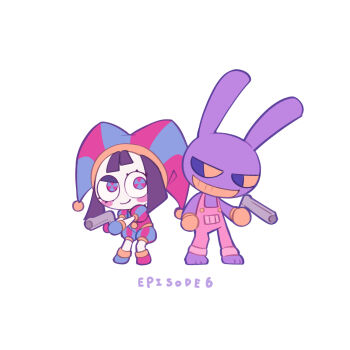 1boy 1girl animal_ears asymmetrical_footwear asymmetrical_gloves blue_eyes blue_gloves blue_hat brown_hair chibi chibi_only colored_skin commentary english_text episode_number furry furry_male gloves gun hashtag-only_commentary hat highres holding holding_gun holding_weapon jax_(the_amazing_digital_circus) jester_cap looking_at_another mismatched_footwear mismatched_gloves multicolored_eyes overalls pink_overalls pomni_(the_amazing_digital_circus) rabbit_boy rabbit_ears red_eyes red_gloves red_hat skn_1027 smile the_amazing_digital_circus two-tone_eyes two-tone_hat weapon white_skin yellow_gloves