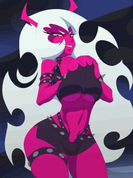 1girl animated animated_gif armlet bare_shoulders black_background black_skirt bouncing_breasts bracelet breasts colored_skin cowboy_shot crop_top dancing demon_girl demon_horns eyelashes fingernails grin horns jewelry large_breasts long_hair looking_at_viewer miniskirt multicolored_eyes navel open_mouth panty_&amp;_stocking_with_garterbelt pink_skin scanty_(psg) sharp_fingernails sharp_teeth skirt smile solo spiked_bracelet spikes standing striped_background teeth thighlet twistedgrim very_long_hair white_hair