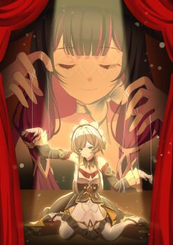 2girls bare_shoulders black_collar black_hair blue_eyes bow brown_hair closed_eyes closed_mouth collar colored_inner_hair columbina_(genshin_impact) commentary_request curtains detached_collar detached_sleeves dress eye_mask frilled_sleeves frills genshin_impact headdress highres long_hair long_sleeves mask multicolored_hair multiple_girls pantyhose pink_hair puppet_strings sandrone_(genshin_impact) shoes short_hair_with_long_locks smile spotlight stage_curtains two-tone_hair watatai white_bow white_pantyhose