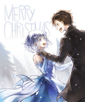 1boy 1girl bad_id bad_pixiv_id bare_shoulders black_coat black_hair breasts coat couple dress elbow_gloves elf emilia_(re:zero) english_text eye_contact flower gloves hair_flower hair_ornament hair_ribbon highres inawa_akito long_sleeves looking_at_another merry_christmas natsuki_subaru open_mouth outdoors pointy_ears purple_eyes re:zero_kara_hajimeru_isekai_seikatsu ribbon rose short_hair smile snowing tree white_flower white_hair white_rose