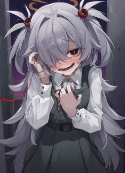 1girl absurdres blue_archive blush bow bowtie brown_eyes brown_halo collared_shirt commentary diagonal-striped_ribbon doorway dress drooling eyeball_hair_ornament green_dress grey_hair hair_over_one_eye halo hand_in_own_hair hand_on_own_chest heart heart-shaped_pupils highres kanoe_(blue_archive) long_hair long_sleeves looking_at_viewer mouth_drool open_door open_mouth pinafore_dress shirt sleeveless sleeveless_dress solo string string_around_finger string_of_fate symbol-only_commentary symbol-shaped_pupils two_side_up um_111 undone_bowtie upper_body very_long_hair white_shirt