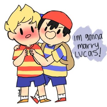 2boys black_hair blush child english_text hat lucas_(mother_3) male_focus mother_(series) mother_2 mother_3 multiple_boys ness_(mother_2) nintendo shirt source_request striped_clothes striped_shirt super_smash_bros.