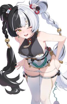 1girl absurdres anger_vein aqua_nails bare_shoulders black_hair breasts commentary_request dialyn_(zenless_zone_zero) double_bun earrings hair_bun hair_ornament highres jewelry large_breasts long_hair looking_at_viewer multicolored_hair one_eye_closed open_mouth panties panty_pull red_nails smile solo split-color_hair standing teeth thighhighs two-tone_hair underwear unnunal_(unneonal) white_hair white_panties white_thighhighs yellow_eyes zenless_zone_zero