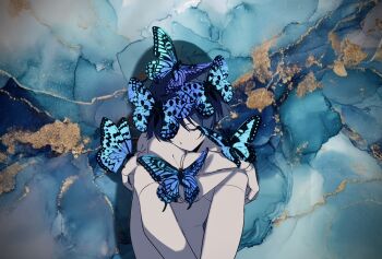 Rule 34 | 1boy, black hair, blue background, blue butterfly, blunt ends, bug, butterfly, butterfly on hand, butterfly on head, closed eyes, commentary, completely nude, doll joints, eyelashes, facing down, genshin impact, hands on own knees, highres, insect, joints, male focus, nude, purple butterfly, scaramouche (genshin impact), self hug, solo, unconscious, untranslatable commentary, w02 14, wispy bangs