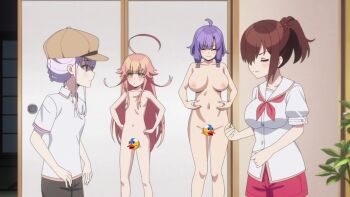 1boy 4girls ahoge animated anime_screenshot ass backboob black_bra blue_eyes blush bottomless bra braid breasts brown_hair censored cleavage closed_eyes clothes_pull completely_nude english_text flat_chest green_eyes groin hair_over_one_eye hat highres hotori_misaki kotoyose_fumino large_breasts loli long_hair medium_hair multiple_girls navel nipples novelty_censor nude nukigee_mitai_na_shima_ni_sunderu_watashi_wa_dou_surya_ii_desu_ka? open_clothes open_shirt panties pants pants_pull pink_hair ponytail purple_hair red_eyes red_shorts shirt shorts sidelocks small_breasts smile sound standing stomach subtitled tachibana_asane tachibana_junnosuke tagme thighs underwear video walking watarai_hinami white_hair white_shirt