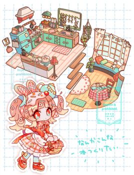 Rule 34 | 1girl, apple, banana, basket, blonde hair, blue pantyhose, blunt bangs, bottle, cake, calendar (object), chair, chibi, chibi only, coffee bag, coffee maker, commentary request, curtains, cutting board, dated, drawer, dress, food, fruit, fruit basket, frying pan, full body, grid background, holding, holding basket, indoors, juliet sleeves, kitchen, lamp, leaf, long sleeves, looking at viewer, mochimura sorata, original, outline, oven, pantyhose, pillow, plant, potted plant, puffy sleeves, red dress, red eyes, red shoes, refrigerator, round table, shoes, short hair, signature, sink, solo, standing, strawberry, stuffed animal, stuffed rabbit, stuffed toy, table, tablecloth, teapot, twintails, twitter username, watermark, white background, white outline, window, wooden floor