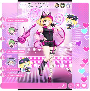 1girl alternate_costume animal_ear_headphones animal_ears asymmetrical_legwear belt black_gloves black_leg_warmers black_shirt black_shoes black_shorts black_visor_cap breasts cat_ear_headphones cat_ears chat_log chibi chibi_inset detached_sleeves fake_animal_ears fingerless_gloves fishnet_thighhighs fishnets game_asset gloves hand_on_own_hip headphones headset highres leg_up leg_warmers lunasa_prismriver lunasa_prismriver_(eldest_memory_leaker_sister) medium_breasts mismatched_legwear official_art one_eye_closed pink_belt rotte_(1109) see-through_clothes see-through_sleeves shiki_eiki shiki_eiki_(underground_waste_ward_depot_master) shirt shoes shorts sneakers solo_focus thighhighs third-party_source touhou touhou_lostword translation_request transparent_background tsukumo_benben tsukumo_benben_(device_driver_big_sis) uneven_legwear user_interface visor_cap zipper_pull_tab