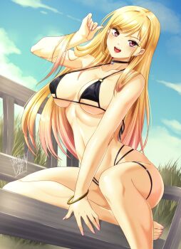 1girl bare_shoulders bikini black_bikini black_choker blonde_hair blue_sky blush bracelet breasts choker cloud cloudy_sky collarbone commentary danmakuman day ear_piercing earrings english_commentary fingernails gradient_hair highres jewelry kitagawa_marin large_breasts long_hair multicolored_hair nail_polish o-ring o-ring_bikini open_mouth outdoors piercing pink_eyes pink_hair pink_lips pink_nails signature sky smile solo sono_bisque_doll_wa_koi_wo_suru stomach swimsuit teeth thigh_strap thighs tongue two-tone_hair upper_teeth_only