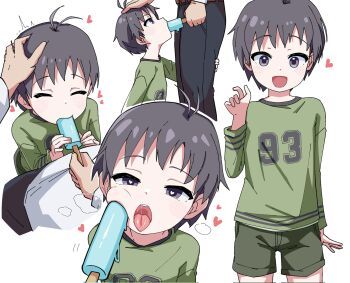 1boy 1girl age_difference aged_down antenna_hair black_eyes black_hair black_pants blush closed_eyes fellatio food food_in_mouth green_shirt green_shorts half-closed_eyes heart heart-shaped_pupils hetero highres idolmaster idolmaster_(classic) kikuchi_makoto loli long_sleeves looking_at_viewer multiple_views ohgi910 oral pants popsicle popsicle_in_mouth sexually_suggestive shirt short_hair shorts simple_background simulated_fellatio standing symbol-shaped_pupils teeth tomboy tongue tongue_out upper_teeth_only white_background