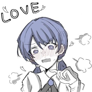 1girl ahua_(hua27193564) blue_eyes blue_hair blush cho_toutoi_love collared_shirt commentary_request ear_blush embarrassed heart highres link!_like!_love_live! long_hair long_sleeves looking_at_viewer love_live! mole mole_on_neck murano_sayaka nose_blush official_alternate_costume pointing pointing_at_self puff_of_air shirt solo v-shaped_eyebrows virtual_youtuber