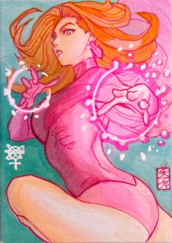 1girl acecore2k artist_logo atom_eve blue_eyes breasts cape casting_spell commentary earrings english_commentary facing_to_the_side glowing glowing_hand graphite_(medium) highres invincible_(series) jewelry leg_up lipstick logo looking_at_viewer makeup olo_(color) open_hands parted_lips pink_cape red_hair ribs simple_background sketch solo solo_focus superhero_costume toned traditional_media