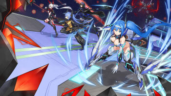 Rule 34 | 4girls, absurdres, bare shoulders, battle, black cape, black dress, black hair, black horns, black jacket, blue eyes, blue hair, blue ribbon, bodysuit, breasts, cape, cleavage, commentary request, commission, dress, gloves, hair ribbon, hair rings, helga neumann, highres, holding, holding scythe, holding weapon, horns, jacket, large breasts, leg armor, long hair, matoi (pso2), medium hair, multiple girls, mytea (soso), open clothes, open jacket, original, phantasy star, phantasy star online 2, quna (pso2), red eyes, ribbon, scythe, side ponytail, skeb commission, thrusters, vambraces, weapon, white gloves, white hair, yellow bodysuit, yellow eyes