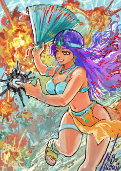 1girl armor bangle bare_shoulders bikini_armor bracelet breasts cleavage dancer&#039;s_costume_(dq) dragon_quest dragon_quest_iv earrings explosion explosion_background folding_fan foot_out_of_frame forehead_protector hand_fan highres holding holding_fan jewelry long_hair manya_(dq4) medium_breasts midriff naga160oji open-toe_shoes orange_eyes orange_skirt parted_lips pelvic_curtain pendant_choker purple_hair revealing_clothes skirt smile solo teeth thigh_strap