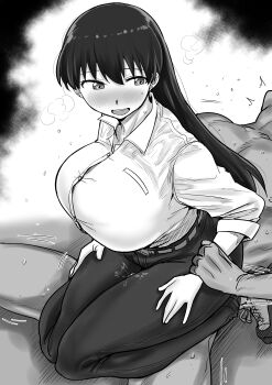 1boy 1girl absurdres arato_nagi belt blush boots breasts breath button_gap clothed_female_nude_male clothed_sex collared_shirt earrings full_body girl_on_top greyscale hetero highres holding_another&#039;s_wrist jewelry kaiman_garupan lace-up_boots large_breasts long_hair looking_back monochrome motion_lines nude open_mouth pants precum ruri_no_houseki shirt shirt_tucked_in simple_background sleeves_rolled_up smile solo_focus straight_hair stud_earrings sweat thigh_sex trembling white_background wing_collar