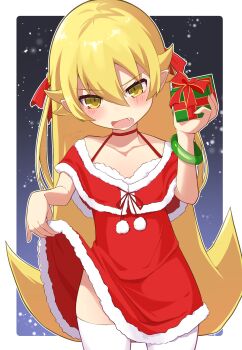 1girl 299_nkku absurdres annoyed bare_arms blonde_hair border box bracelet capelet clothes_lift collarbone commentary_request cowboy_shot dress dress_lift fang flat_chest flipped_hair fur-trimmed_capelet fur-trimmed_dress fur_trim gift gift_box hair_between_eyes hair_flaps hair_ribbon hand_up hands_up highres jewelry light_blush long_hair looking_at_viewer monogatari_(series) night night_sky off-shoulder_capelet open_mouth oshino_shinobu outline outside_border pinky_out pointy_ears pom_pom_(clothes) red_capelet red_dress red_ribbon ribbon ringed_eyes santa_costume santa_dress sidelocks sky sleeveless sleeveless_dress snowing solo strap thighhighs v-shaped_eyebrows very_long_hair white_border white_outline white_thighhighs yellow_eyes