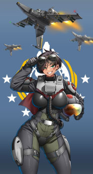 1girl absurdres aircraft aviator_sunglasses black_gloves bomb breasts brown_hair explosive flight_suit g-suit gloves green_eyes helldivers_(series) helmet highres hitch_(perotoss) holding holding_unworn_helmet holding_removed_eyewear large_breasts looking_at_viewer medium_hair mole mole_under_eye open_mouth original pilot_suit scar scar_across_eye scar_on_face smile solo sunglasses tally_counter tomboy unworn_eyewear unworn_headwear unworn_helmet